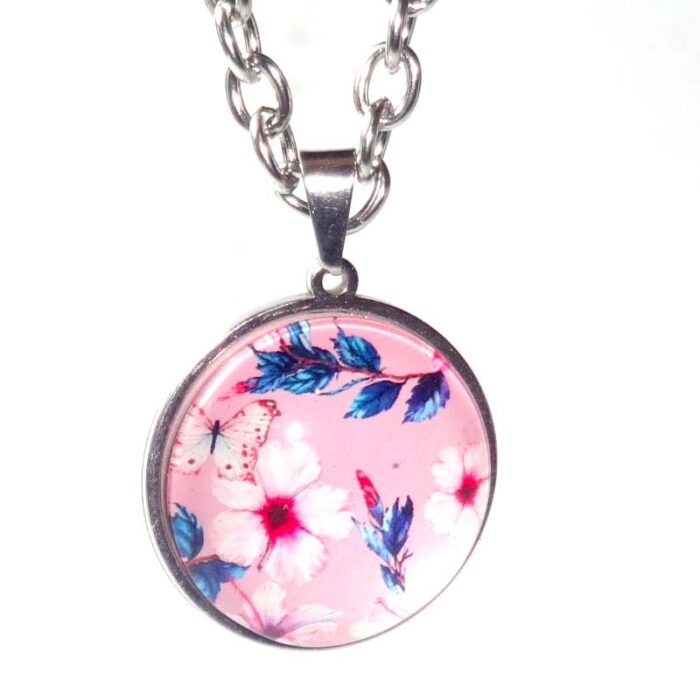 Pink Flower Domed Glass Cabochon