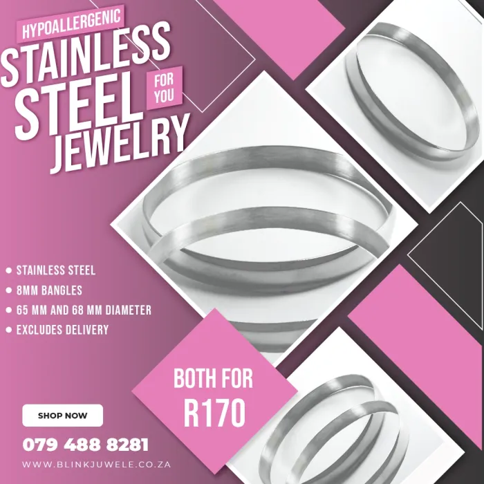 8mm Bangle Special Stainless Steel 8mm Bangle Special 2 x 8mm Bangles available in 65mm or 68mm (Please choose option) All for only R170 [fusion_tooltip title="It all  depends on your shipping method Please read through our Ordering & Shipping info page" class="" id="" placement="top" trigger="hover"]When will I Receive My Order?[/fusion_tooltip] Visit our Facebook Page for exiting offers Contact us if you need something custom Stainless Steel Jewelry