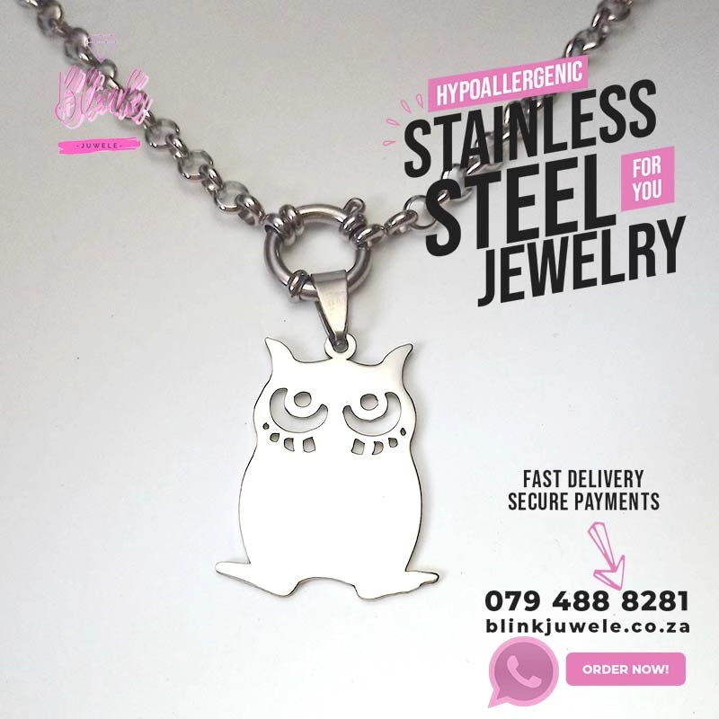 Large Owl Necklace Stainless Steel jewelry Pretoria Blink Juwele Large Owl Necklace